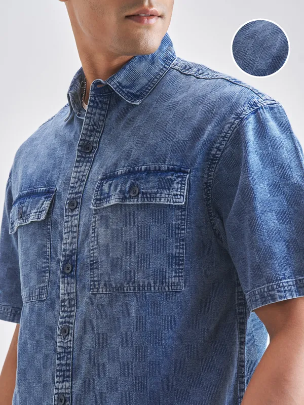 Locomotive Men Blue Self Design Oversized Fit Casual Shirt