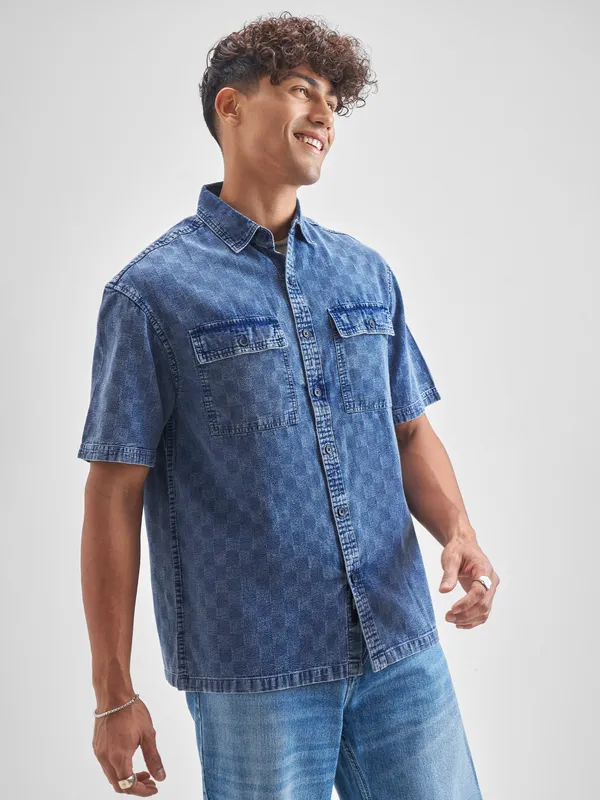 Locomotive Men Blue Self Design Oversized Fit Casual Shirt