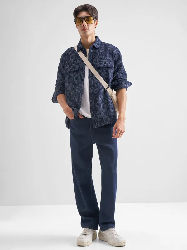 Locomotive Men Blue Self Design Relaxed Fit Casual Shirt