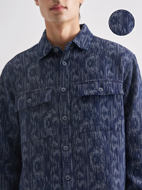 Locomotive Men Blue Self Design Relaxed Fit Casual Shirt