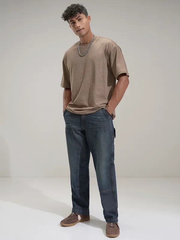 Locomotive Men Brown Self Design Round Neck T-Shirt