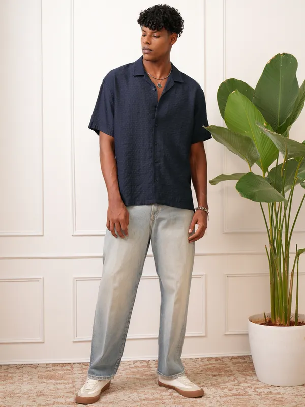 Locomotive Men Navy Blue Self Design Regular Fit Casual Shirt