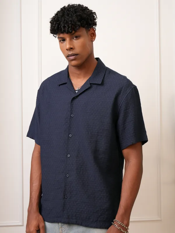 Locomotive Men Navy Blue Self Design Regular Fit Casual Shirt