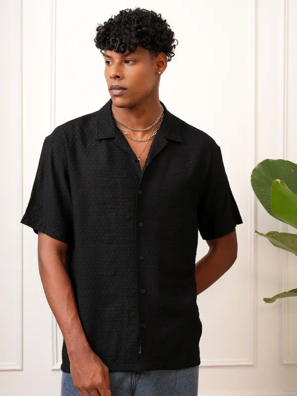 Locomotive Men Black Self Design Regular Fit Casual Shirt