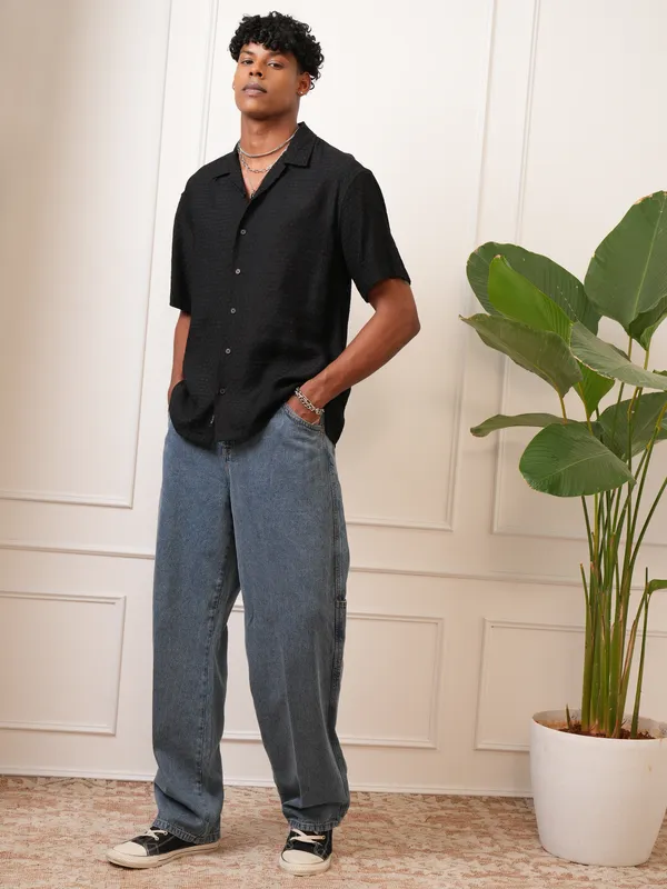 Locomotive Men Black Self Design Regular Fit Casual Shirt