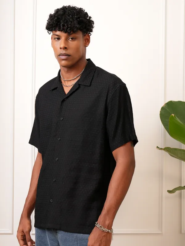 Locomotive Men Black Self Design Regular Fit Casual Shirt