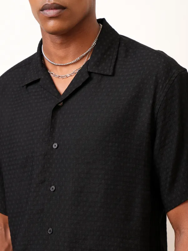 Locomotive Men Black Self Design Regular Fit Casual Shirt