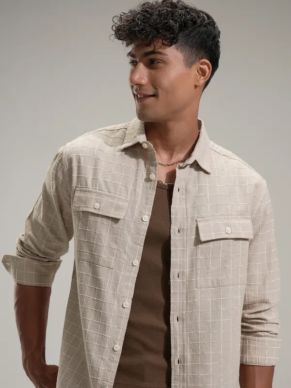 Locomotive Men Khaki Self Design Relaxed Fit Casual Shirt