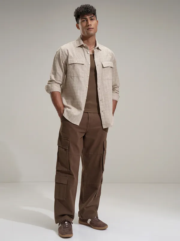 Locomotive Men Khaki Self Design Relaxed Fit Casual Shirt