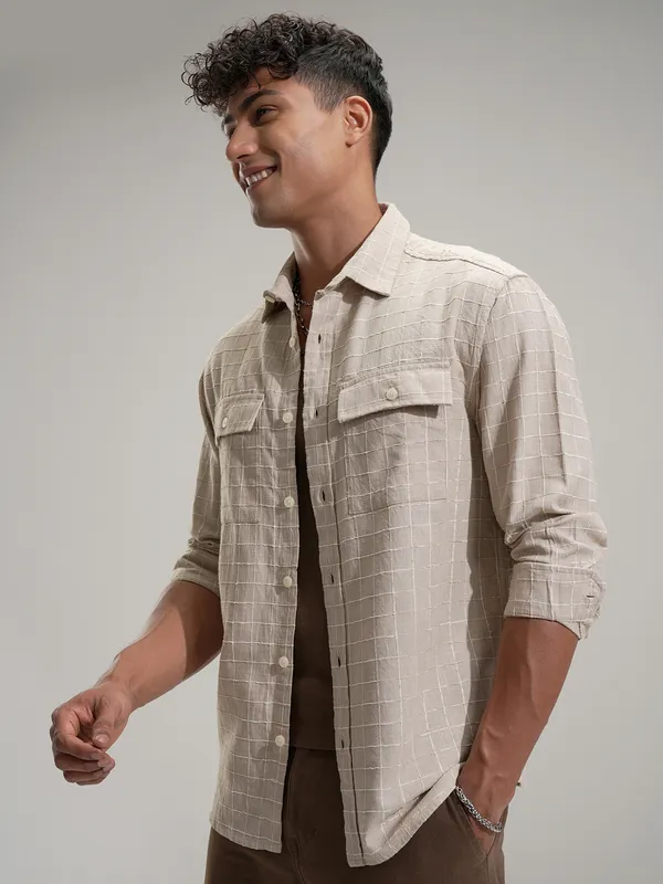 Locomotive Men Khaki Self Design Relaxed Fit Casual Shirt