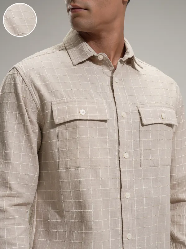 Locomotive Men Khaki Self Design Relaxed Fit Casual Shirt