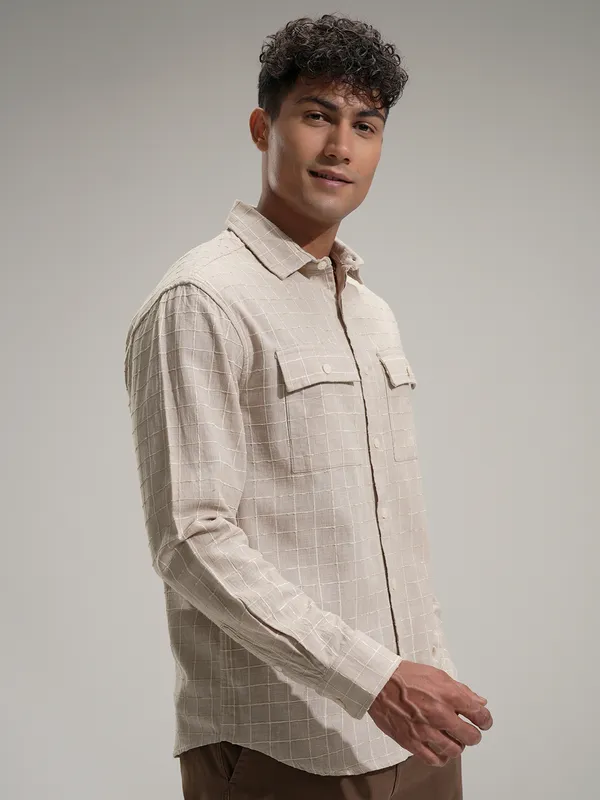 Locomotive Men Khaki Self Design Relaxed Fit Casual Shirt