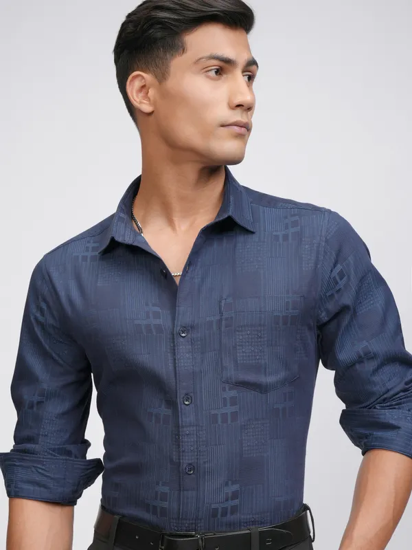 Locomotive Men Blue Self Design Slim Fit Casual Shirt