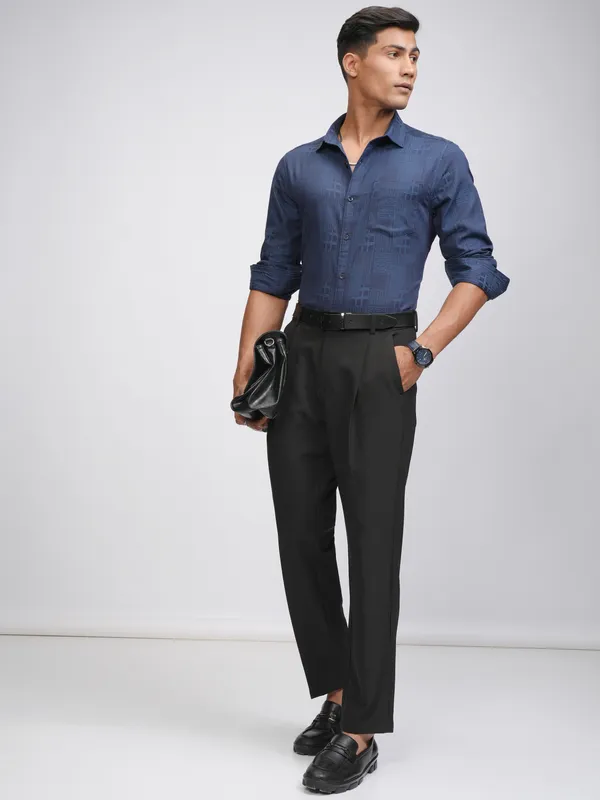 Locomotive Men Blue Self Design Slim Fit Casual Shirt