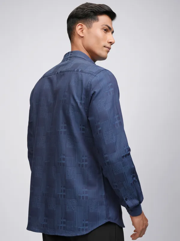 Locomotive Men Blue Self Design Slim Fit Casual Shirt