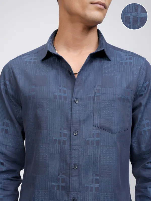 Locomotive Men Blue Self Design Slim Fit Casual Shirt
