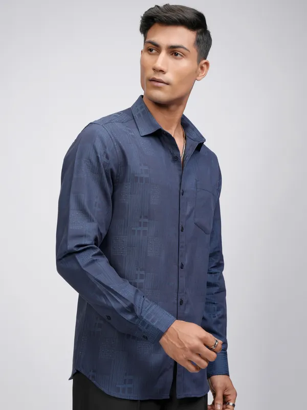 Locomotive Men Blue Self Design Slim Fit Casual Shirt