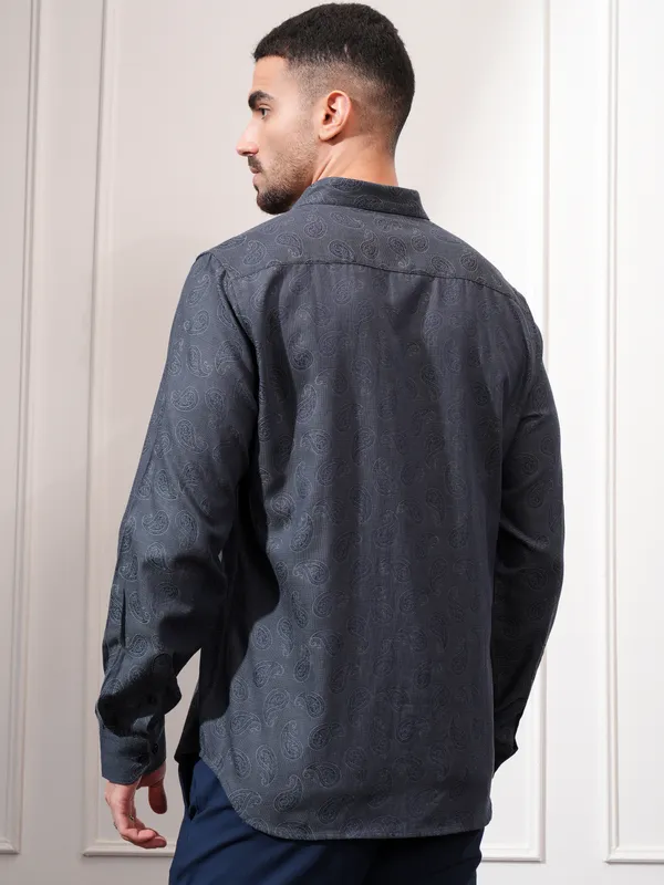 Locomotive Men Grey Printed Slim Fit Casual Shirt
