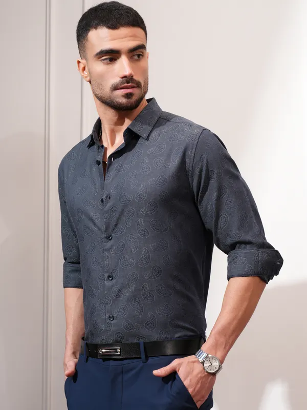 Locomotive Men Grey Printed Slim Fit Casual Shirt