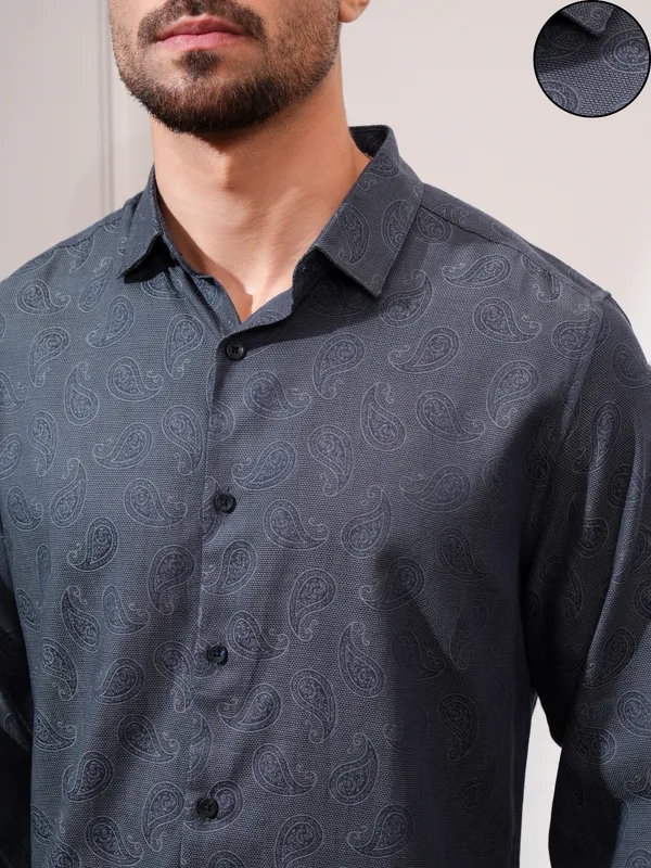 Locomotive Men Grey Printed Slim Fit Casual Shirt