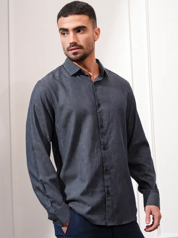 Locomotive Men Grey Printed Slim Fit Casual Shirt
