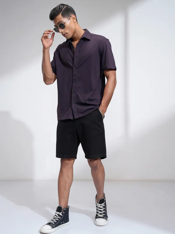 Locomotive Men Purple Self Design Relaxed Fit Casual Shirt