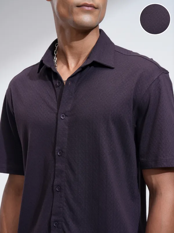 Locomotive Men Purple Self Design Relaxed Fit Casual Shirt