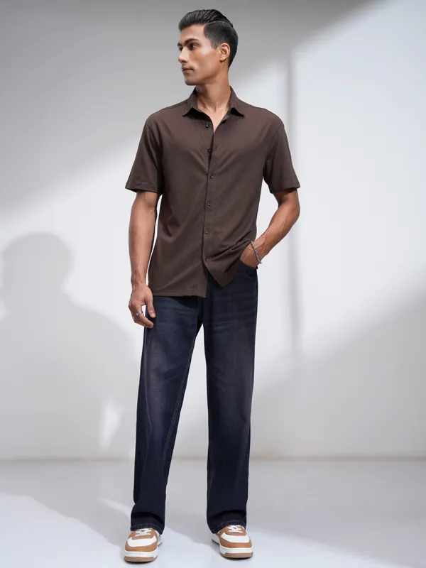 Locomotive Men Brown Self Design Relaxed Fit Casual Shirt