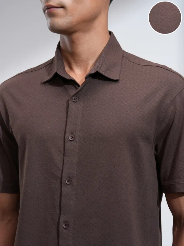 Locomotive Men Brown Self Design Relaxed Fit Casual Shirt