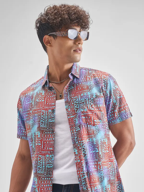 Locomotive Men Red Printed Slim Fit Casual Shirt