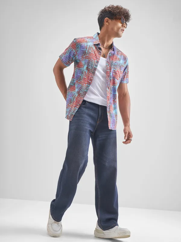 Locomotive Men Red Printed Slim Fit Casual Shirt