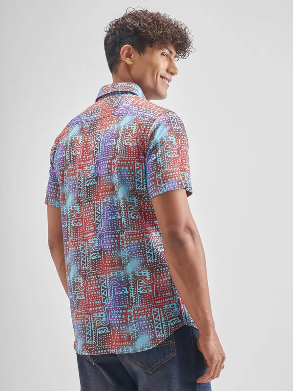 Locomotive Men Red Printed Slim Fit Casual Shirt