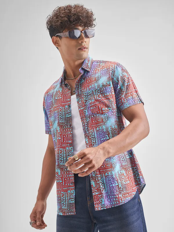 Locomotive Men Red Printed Slim Fit Casual Shirt