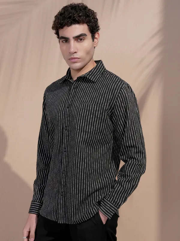 Locomotive Men Black Striped Slim Fit Casual Shirt