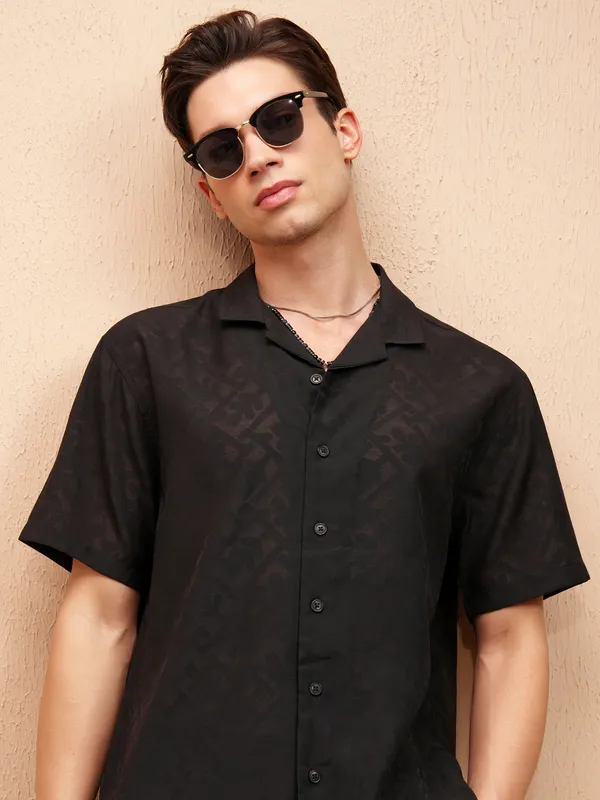 Locomotive Men Black Self Design Relaxed Fit Casual Shirt