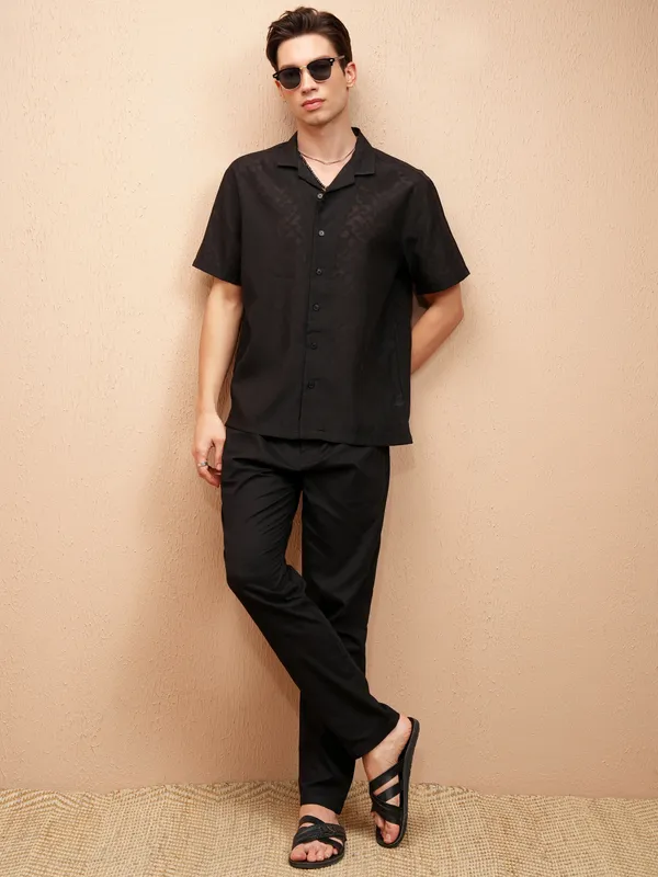 Locomotive Men Black Self Design Relaxed Fit Casual Shirt