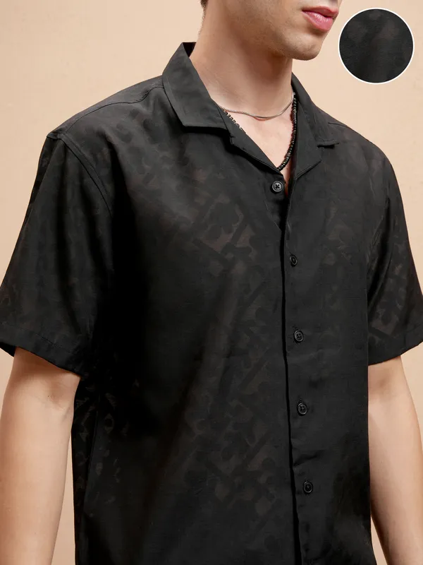 Locomotive Men Black Self Design Relaxed Fit Casual Shirt