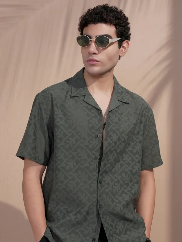 Locomotive Men Olive Self Design Relaxed Fit Casual Shirt
