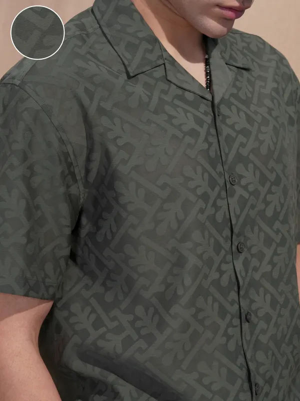 Locomotive Men Olive Self Design Relaxed Fit Casual Shirt