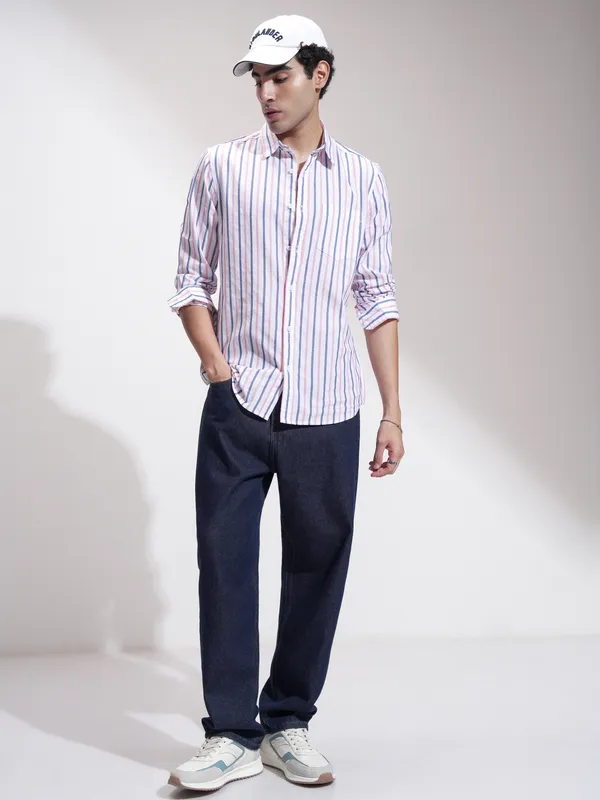 Locomotive Men Blue Striped Slim Fit Casual Shirt