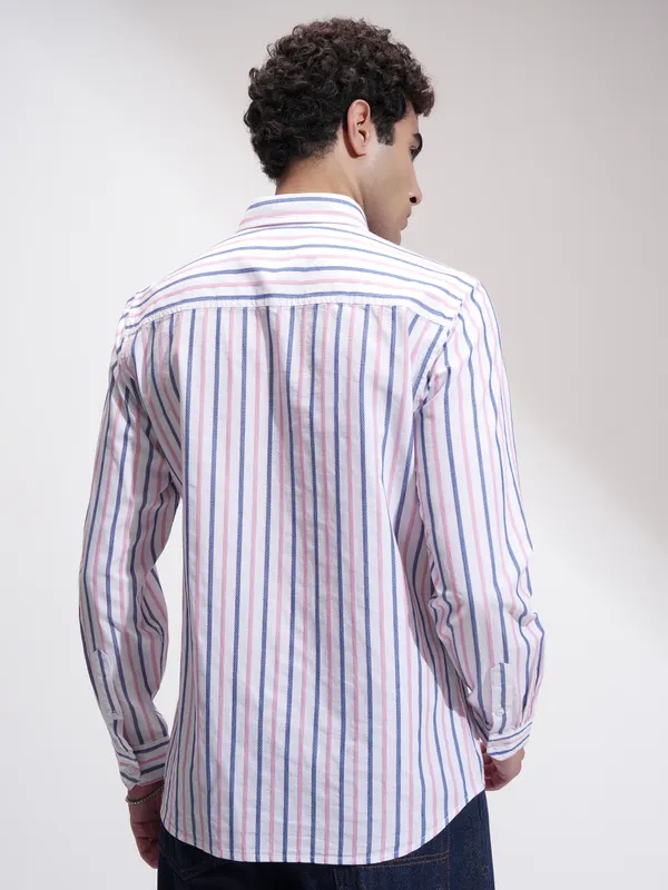 Locomotive Men Blue Striped Slim Fit Casual Shirt
