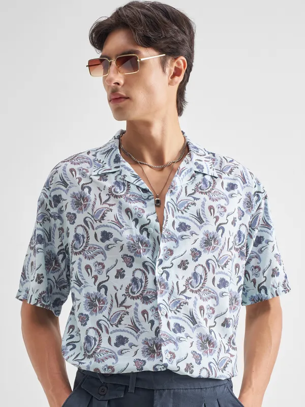 Locomotive Men Blue Printed Relaxed Fit Casual Shirt