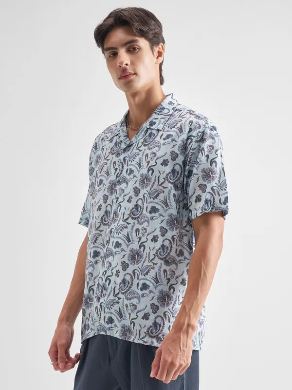 Locomotive Men Blue Printed Relaxed Fit Casual Shirt