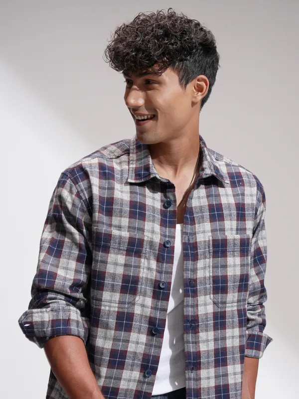 Locomotive Men Navy Blue Checked Oversized Fit Casual Shirt