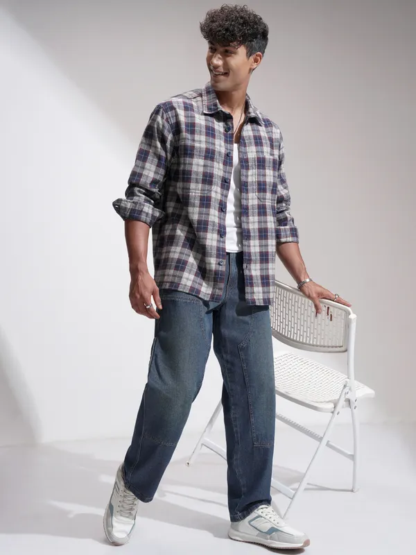 Locomotive Men Navy Blue Checked Oversized Fit Casual Shirt