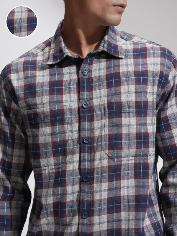 Locomotive Men Navy Blue Checked Oversized Fit Casual Shirt