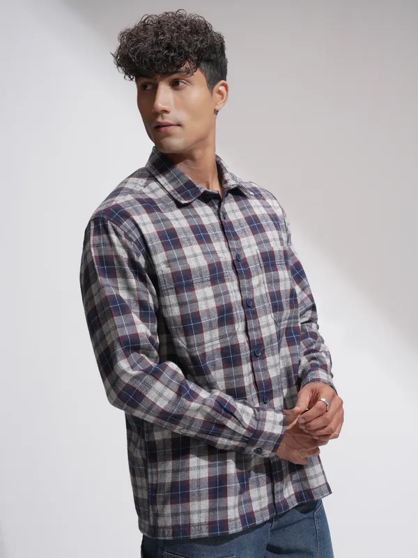 Locomotive Men Navy Blue Checked Oversized Fit Casual Shirt