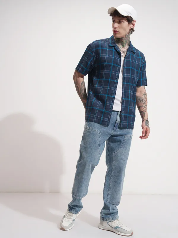 Locomotive Men Navy Blue Checked Relaxed Fit Casual Shirt