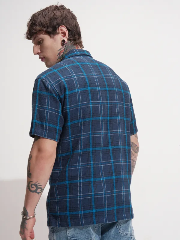 Locomotive Men Navy Blue Checked Relaxed Fit Casual Shirt