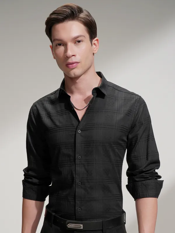 Locomotive Men Black Self Design Slim Fit Casual Shirt